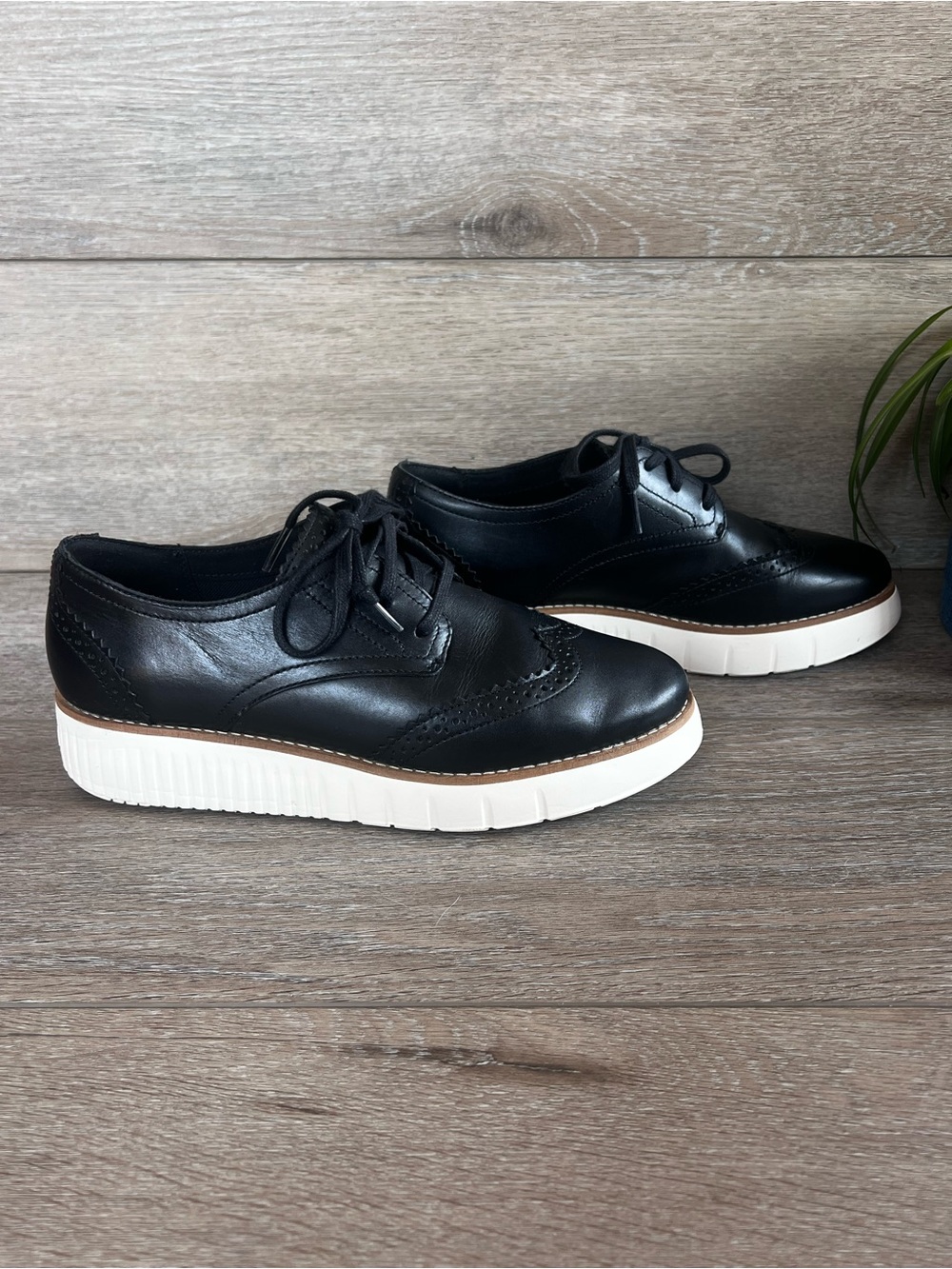 Cole Haan Black Leather Wingtip Platform Oxfords